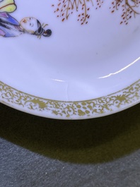 Four Chinese famille rose 'Mandarin' cups and saucers, Qianlong