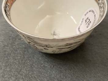 Une tasse et soucoupe en porcelaine de Chine grisaille &agrave; d&eacute;cor d'Europ&eacute;ens, Yongzheng
