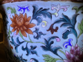 An exceptional Chinese turquoise-ground famille rose jardini&egrave;re, Qianlong