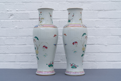 A pair of Chinese famille rose and a pair of blue and white vases, 19th C.