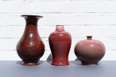 Three Chinese langyao and red flamb&eacute;-glazed vases, 19/20th C.