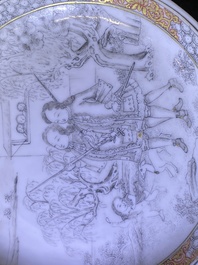 Une tasse et soucoupe en porcelaine de Chine grisaille &agrave; d&eacute;cor d'Europ&eacute;ens, Yongzheng