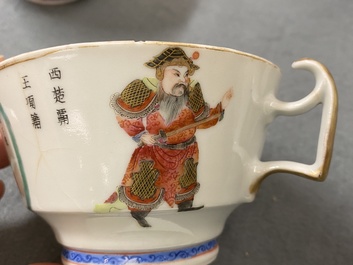 Drie Chinese famille rose 'Wu Shuang Pu' koppen en schotels, 19e eeuw