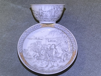 Une tasse et soucoupe en porcelaine de Chine grisaille &agrave; d&eacute;cor d'Europ&eacute;ens, Yongzheng