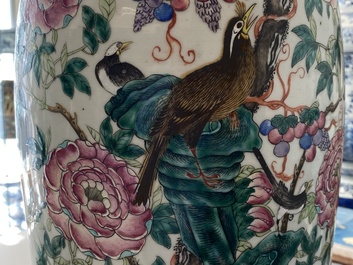 Une paire de vases en porcelaine de Chine famille rose &agrave; d&eacute;cor d'oiseaux parmi branches fleuries, 19&egrave;me