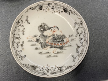 Twelve Chinese grisaille cups and eight saucers, Yongzheng/Qianlong