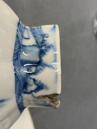 A Chinese blue and white five-piece 'landscape' garniture, Kangxi