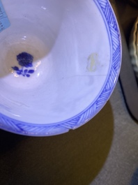 Eight Chinese blue and white cups and saucers, Kangxi