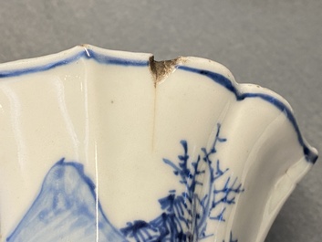 A Chinese blue and white five-piece 'landscape' garniture, Kangxi