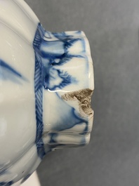 A Chinese blue and white five-piece 'landscape' garniture, Kangxi