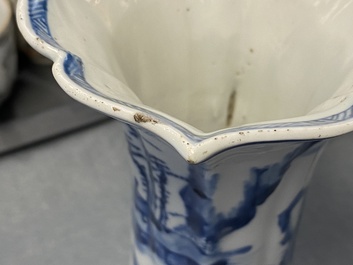 A Chinese blue and white five-piece 'landscape' garniture, Kangxi