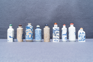 Nine Chinese blue and white snuff bottles, 19/20th C.