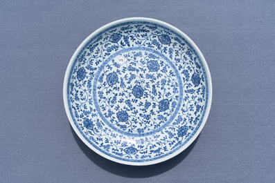 A Chinese Ming-style blue and white 'floral scroll' dish, Qianlong