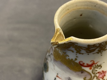 A Chinese famille rose and gilt Meissen-style tea caddy and milk jug, Qianlong