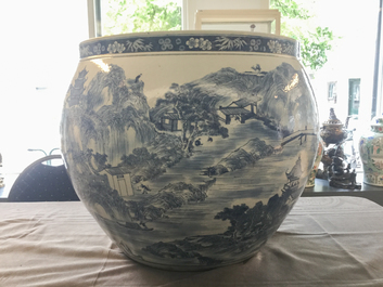 A large Chinese blue and white 'landscape' fish bowl, Qianlong