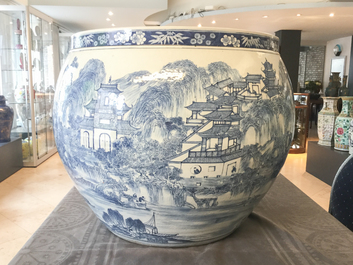 A large Chinese blue and white 'landscape' fish bowl, Qianlong