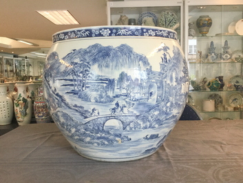 A large Chinese blue and white 'landscape' fish bowl, Qianlong