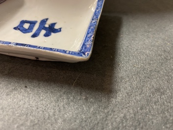 A pair of Chinese blue and white 'Fu' symbol square trays, Tianqi
