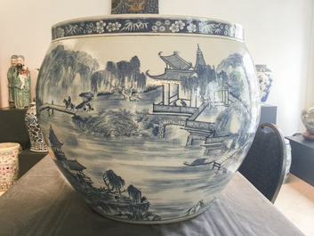 A large Chinese blue and white 'landscape' fish bowl, Qianlong
