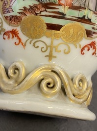 A Chinese famille rose and gilt Meissen-style tea caddy and milk jug, Qianlong