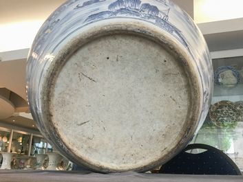 A large Chinese blue and white 'landscape' fish bowl, Qianlong
