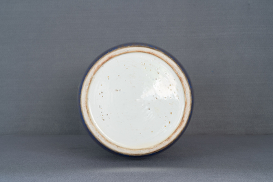 A massive Chinese famille verte on powder blue-ground rouleau vase, Kangxi
