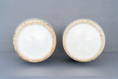 A pair of Chinese blue and white celadon vases with figures, 19th C.