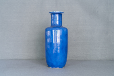 A Chinese monochrome powder blue rouleau vase, Kangxi