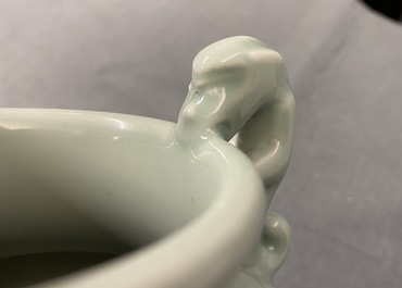 A Chinese monochrome dragon-handled celadon vase, Qianlong mark, 19/20th C.