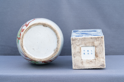 Two Chinese blue and white and qianjiang cai vases, 19/20th C.