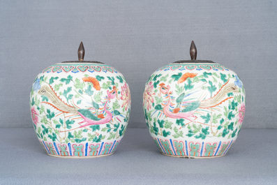 A pair of Chinese famille rose ginger jars with phoenixes, 19th C.