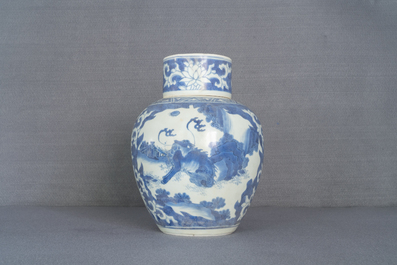 A large Chinese blue and white 'mythical beasts' jar and cover, Hatcher cargo shipwreck, Transitional period