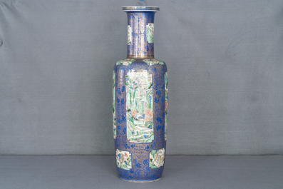 A massive Chinese famille verte on powder blue-ground rouleau vase, Kangxi