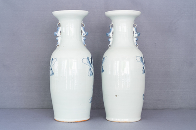 A pair of Chinese blue and white celadon vases with figures, 19th C.