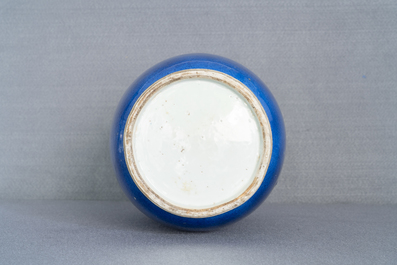 A Chinese monochrome powder blue rouleau vase, Kangxi