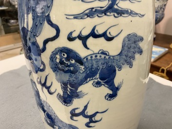 Three Chinese blue and white and celadon-ground 'Buddhist lion' vases, 19th C.