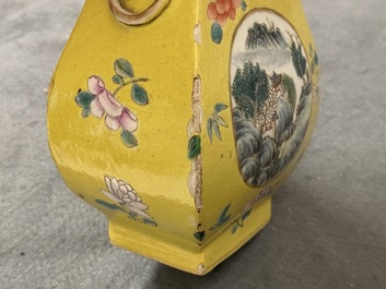 A Chinese yellow-ground famille rose vase, 19/20th C.