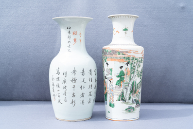 A Chinese famille verte rouleau vase and a famille rose vase, 19th C.