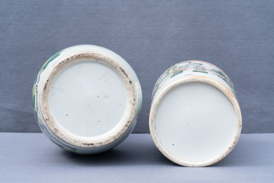 A Chinese famille verte rouleau vase and a famille rose vase, 19th C.
