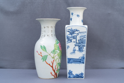 Two Chinese blue and white and qianjiang cai vases, 19/20th C.