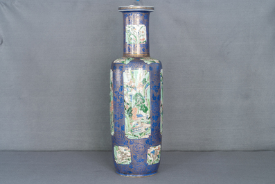 A massive Chinese famille verte on powder blue-ground rouleau vase, Kangxi