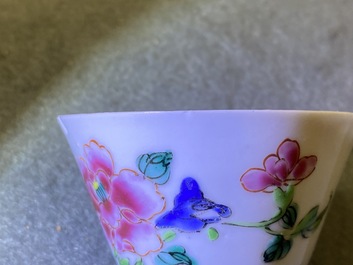 Five Chinese famille rose cups and saucers, Yongzheng/Qianlong