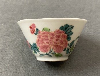 Five Chinese famille rose cups and saucers, Yongzheng/Qianlong
