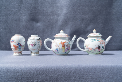 Two Chinese famille rose teapots and two tea caddies, Qianlong
