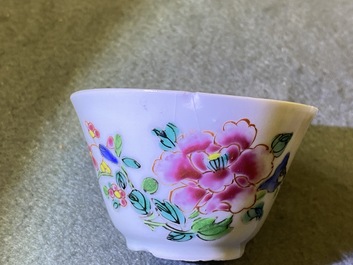 Five Chinese famille rose cups and saucers, Yongzheng/Qianlong