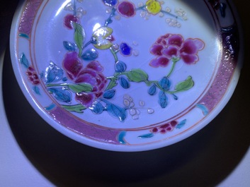 Five Chinese famille rose cups and saucers, Yongzheng/Qianlong