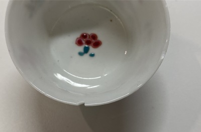 Five Chinese famille rose cups and saucers, Yongzheng/Qianlong