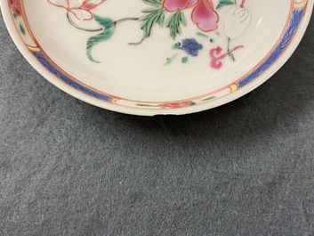 Five Chinese famille rose cups and saucers, Yongzheng/Qianlong