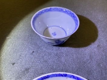 Four Chinese blue and white cups and saucers, Kangxi