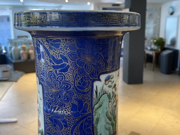 A massive Chinese famille verte on powder blue-ground rouleau vase, Kangxi